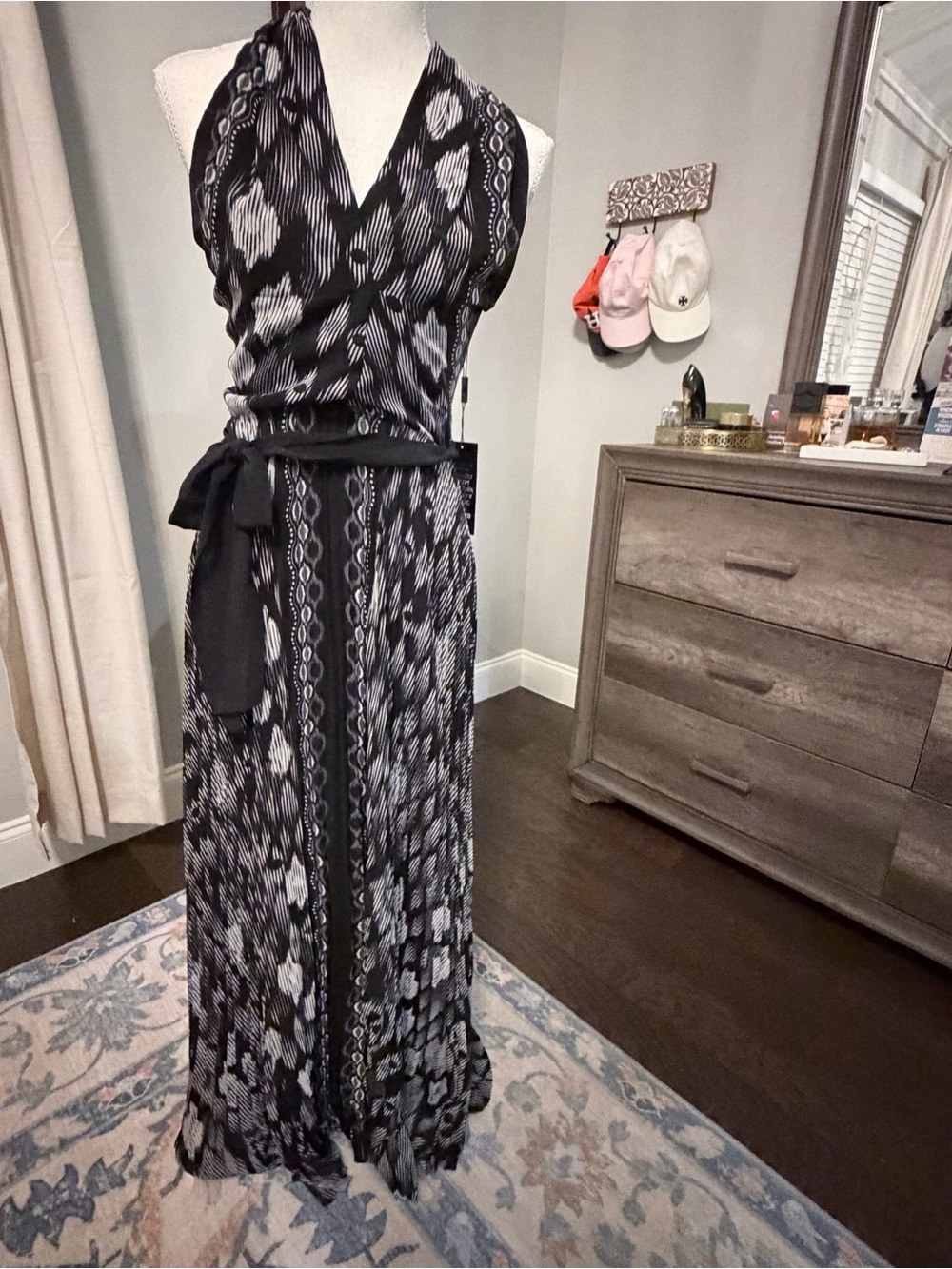 White House Black Market Black and White Halter Midi Dress with Waist Tie